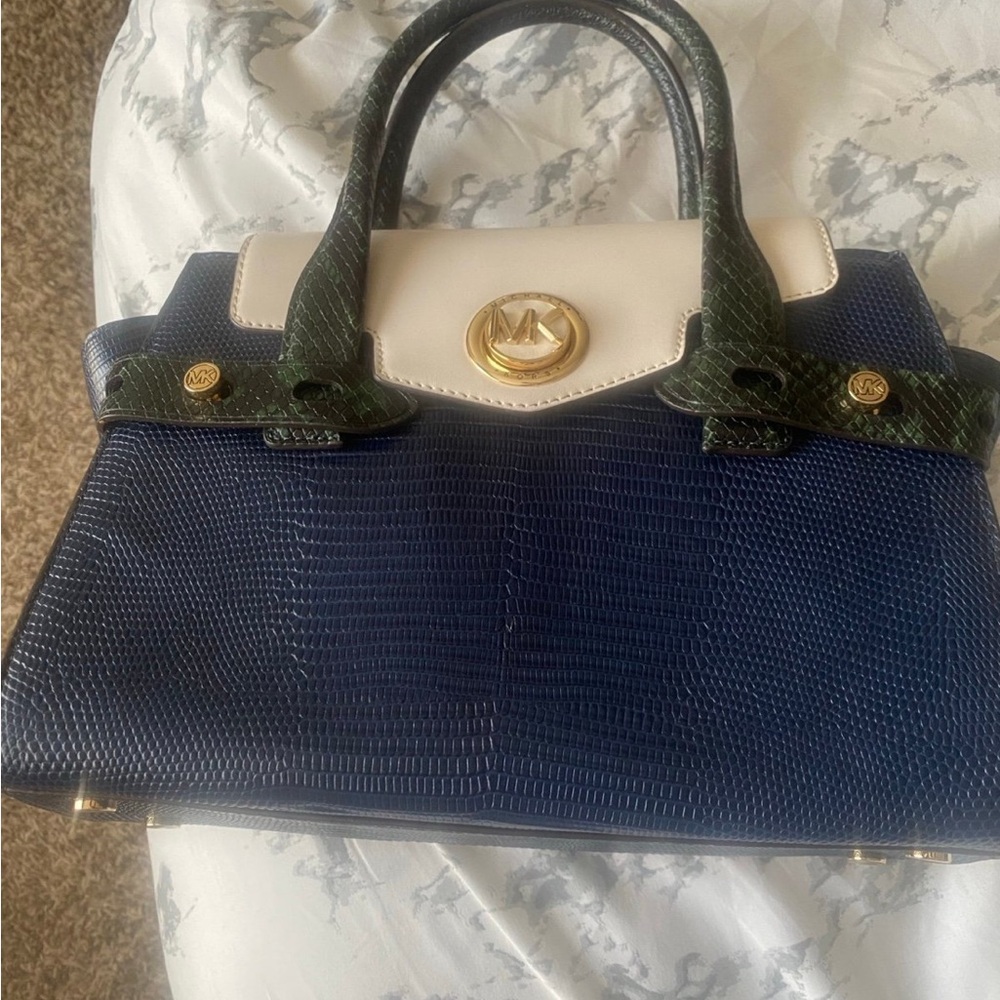 MICHAEL Michael Kors Blue and Green Shoulder Bag with Gold Accents